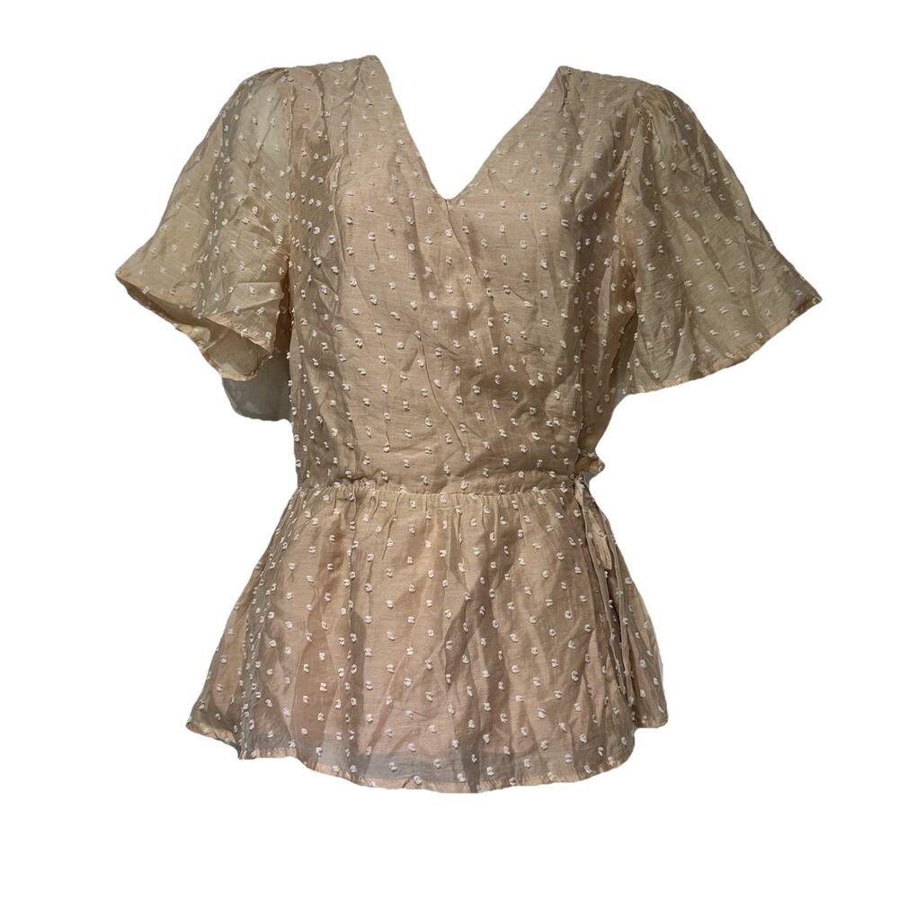 ott beige polka dot peplum short Flutter sleeve ruffle blouse